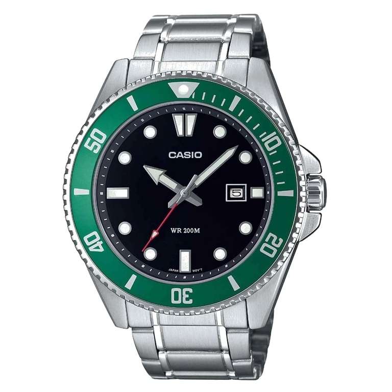 Casio Diver Watch, Green/Silver, 200M WR, with Stainless Steel Bracelet. Model: MDV-107D-3AVEF, with code - Sold by H.S.Johnson Jewellers