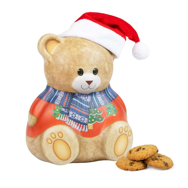 Christmas Bear with Hat Gift Set - Christmas Biscuits Tin, 100g Mini Chocolate Chip Cookies