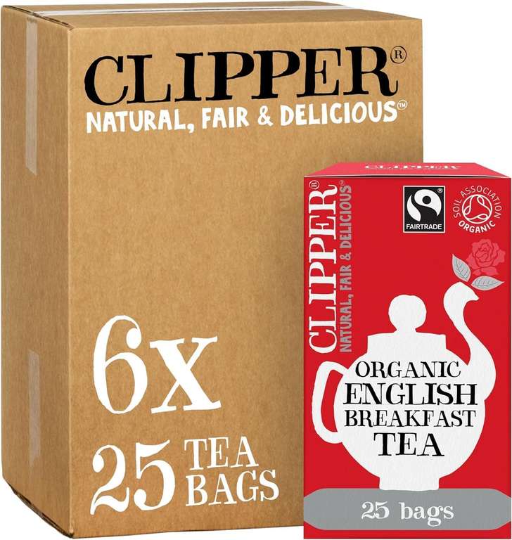 Clipper Organic Fairtrade English Breakfast Black Tea 6 x 25 Teabags | Organic Fairtrade English Breafast Black Tea, Bulk Catering Pack,