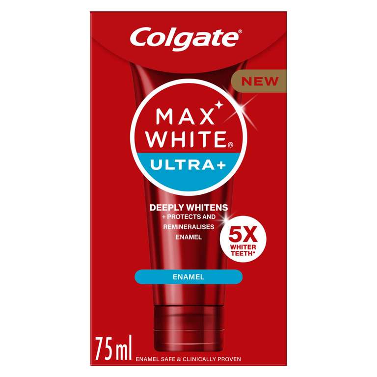Colgate Max White Ultra+ Enamel Toothpaste 75ml, Whitens Deep Stains for 5X Whiter Teeth