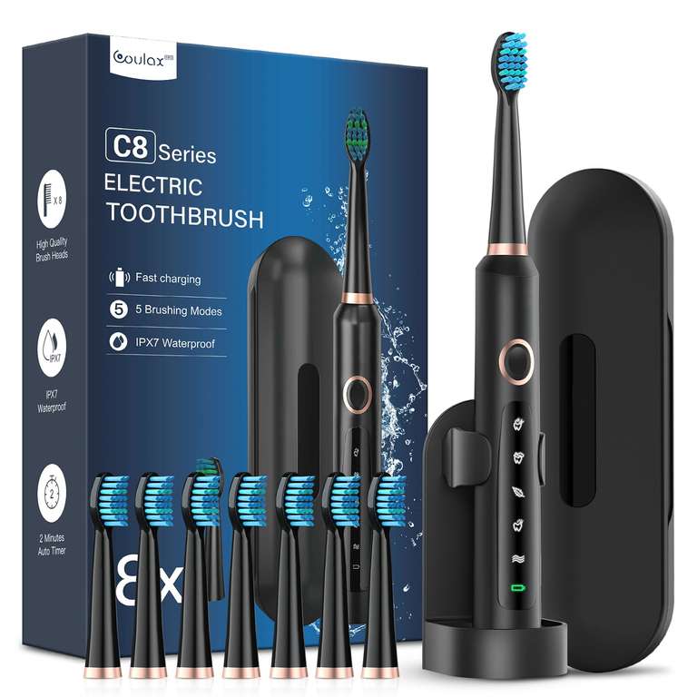 Coulax Pro Sonic Electric Toothbrush with 8 Tooth Brush Replacement Head and 5 Brushing Modes - Black / Pink