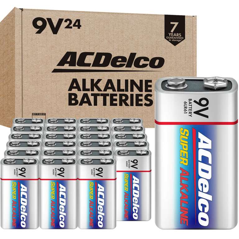 24 pack 9 Volt Batteries, Maximum Power Super Alkaline Battery, 7-Year Shelf Life, Reclosable Packaging