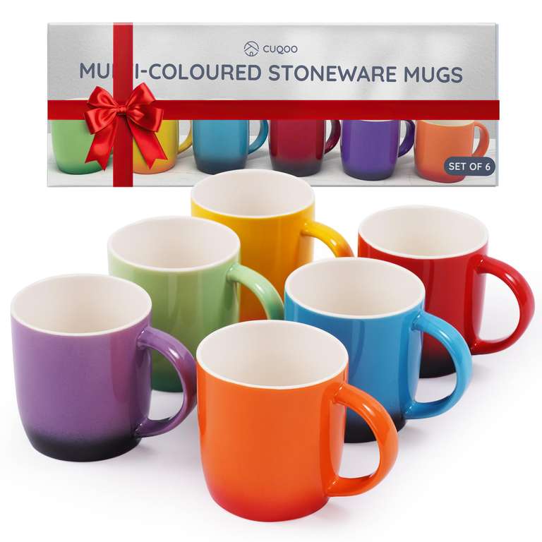 CUQOO Colourful Stoneware Mugs Set of 6 | Durable Everyday Mugs for Hot Drinks 350ml