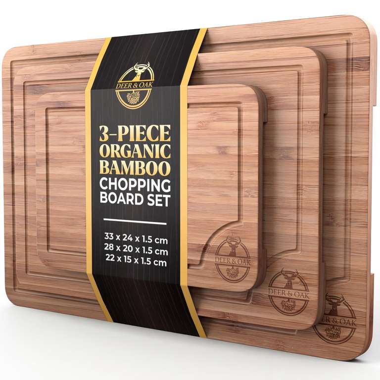 Deer & Oak 3-Piece Bamboo Chopping Board Set, Pre-Oiled Wooden Chopping Boards 33x24cm, 28x20cm, 22x15cm - Shipped & Sold by Ideal Direct