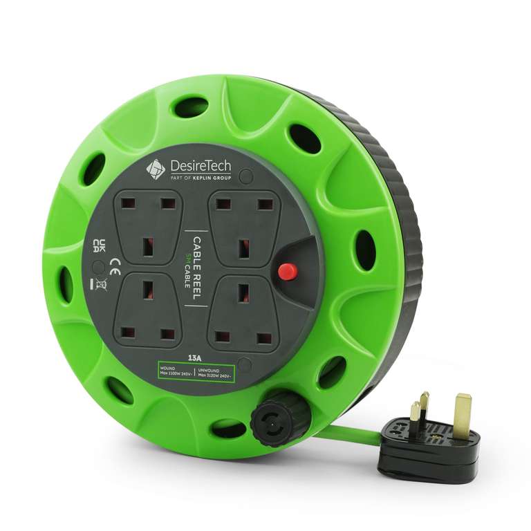 Desiretech - 4 Socket Extension Lead - 5m Portable Cable Reel - Thermal Cut Out