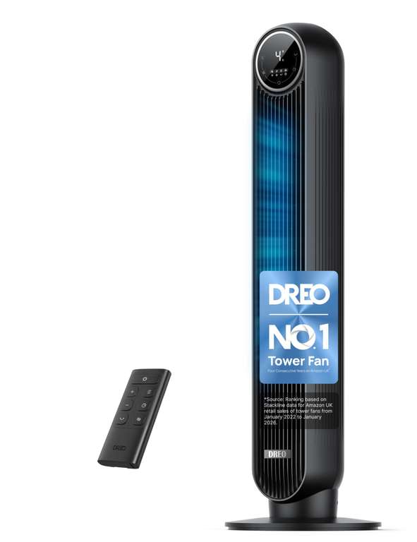 DREO 20dB Silent Tower Fan – Remote, 8 Speeds, 90° Oscillation, LED Display, Quiet DC Motor