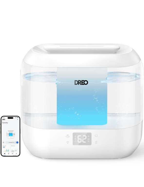 DREO 4L Smart Humidifier for Bedroom Baby, Cool Mist Humidifiers for Home, 28dB Quiet Humidifier, LED Display, Humidity Sensor