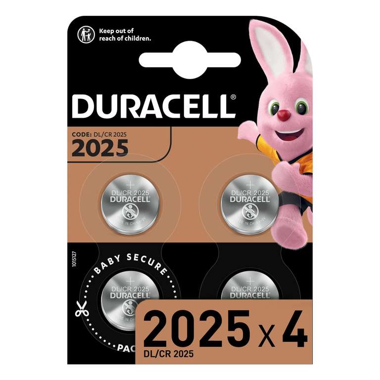 DURACELL 2025 Lithium Coin Batteries 3V (4 Pack) - Up to 70% Extra Life Sold & Shipped by BACKBENCHERS LTD