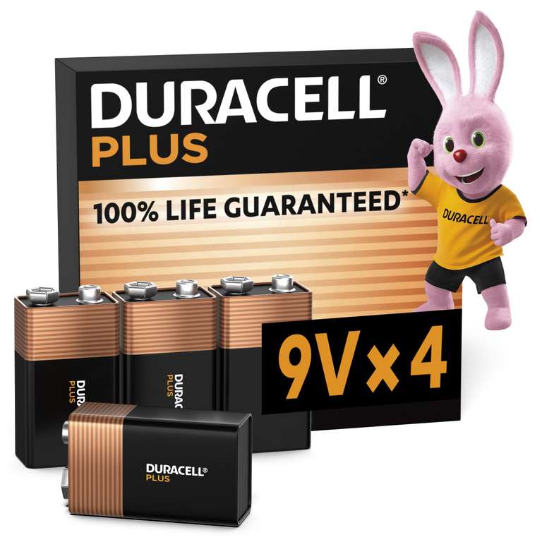 Duracell Plus 9V Batteries (4 Pack) - Alkaline - 100% Life Guaranteed - 0% Plastic Packaging