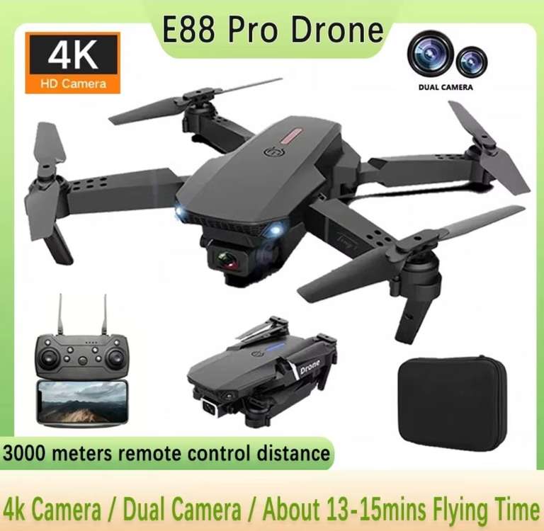 E88Pro Foldable 4K Drone with Dual HD Camera WiFi FPV (Welcome Deal) (£6.50 Regular Price) + Free Shipping, Sold by Shop1104781907 Store