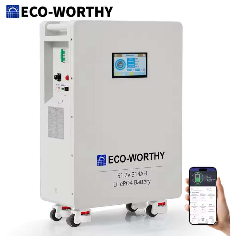 ECO-WORTHY 48V 314Ah LiFePO4 Battery – 16.1kWh, 6000 Cycles, BMS, WiFi/Bluetooth w/code @ ECOWORTHY UK Store