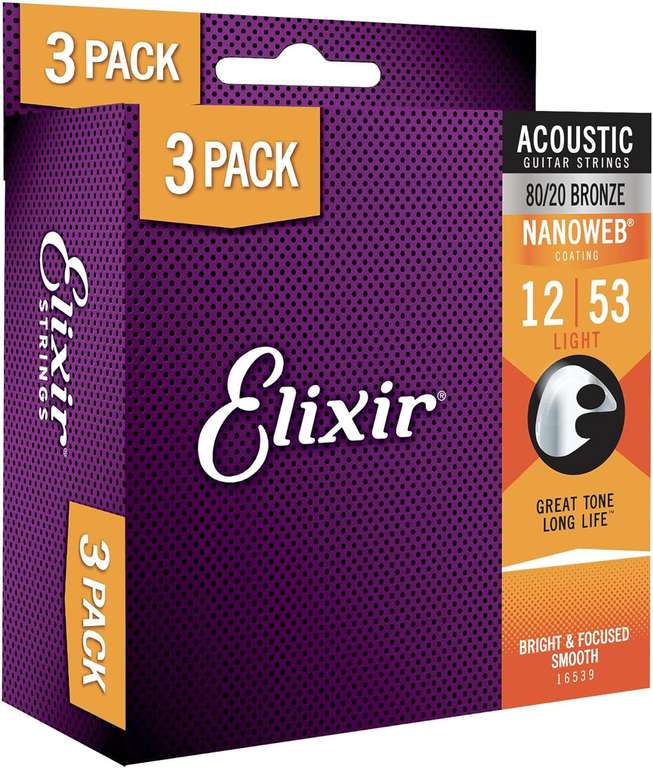 Elixir Strings, Acoustic Guitar Strings, 80/20 Bronze with NANOWEB Coating 3 Pack