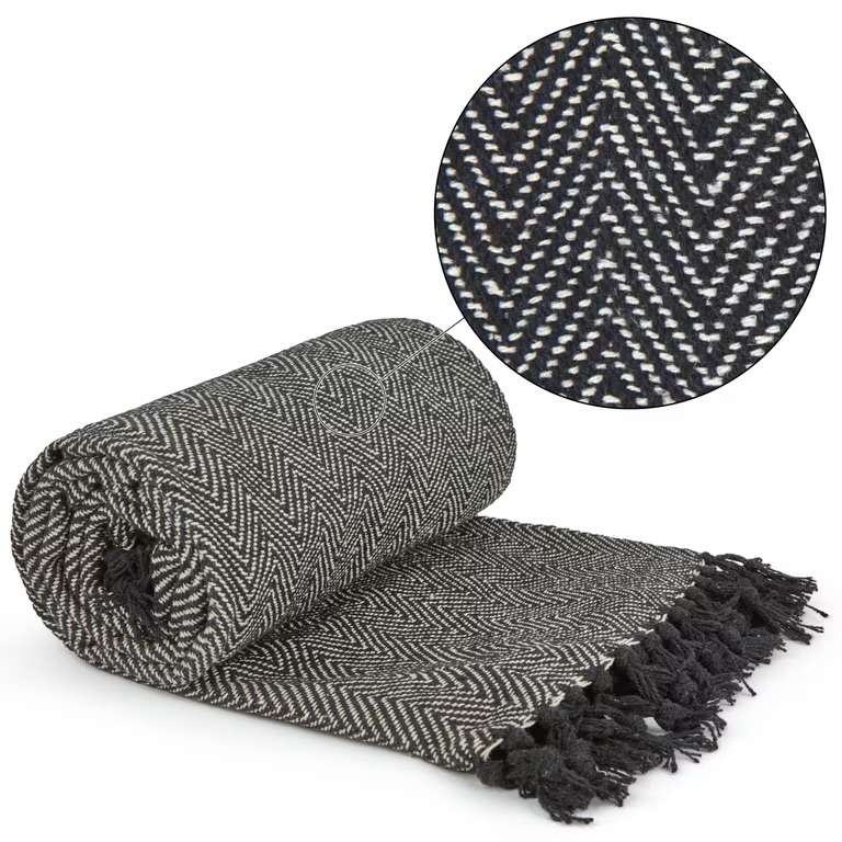Emma Barclay Herringbone Cotton Throw - Black, 50x60 (127x152cm)