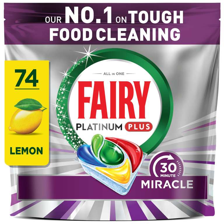 Fairy 30 Minute Miracle Platinum Plus Dishwasher Tablets, 74 Capsules