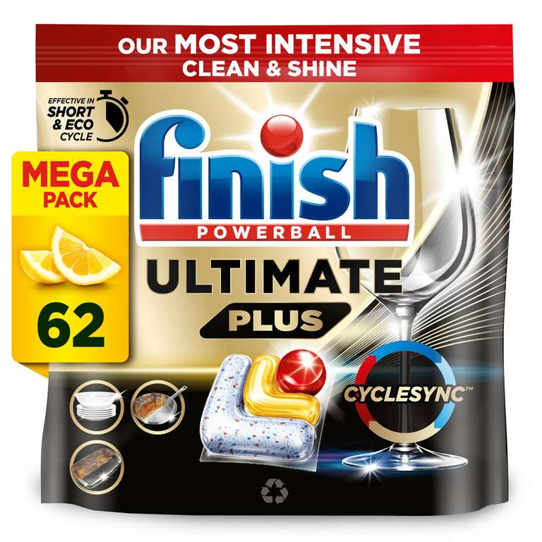 Finish Dishwasher Tablet, Ultimate Plus, 62 Detergent Tablets, Lemon Sparkle, Tough on Grease