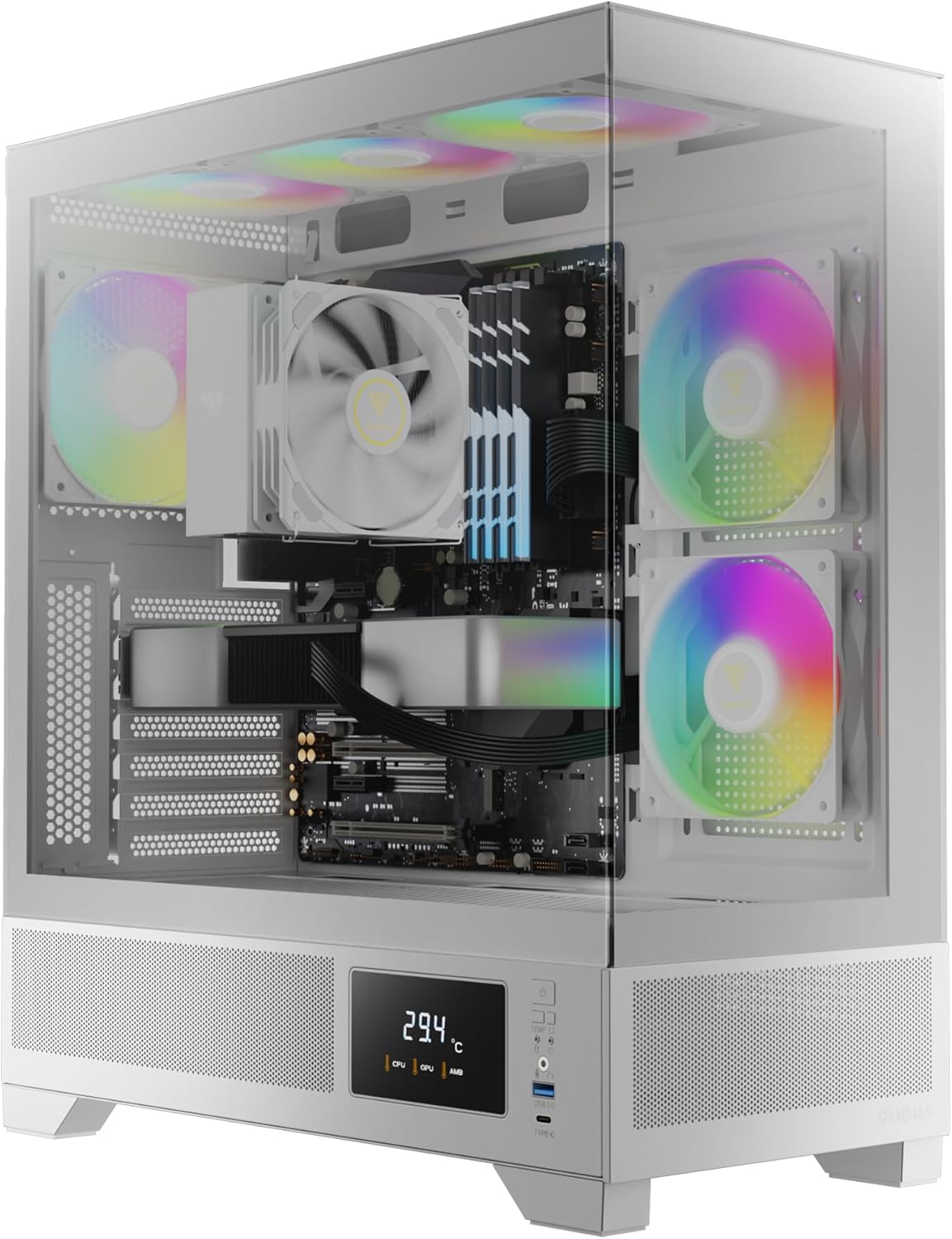 GAMDIAS ATLAS M1 WH Gaming ATX Mid Tower Computer PC Case, Customized Monitor w/Software, 3x120mm ARGB PWM Fans(2 Intake)