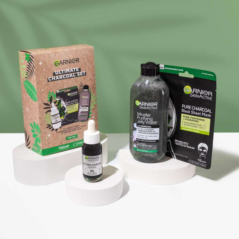 Garnier's Ultimate Charcoal Gift Set for Face, with Serum, Face Mask and Micellar Purifying Jelly Water