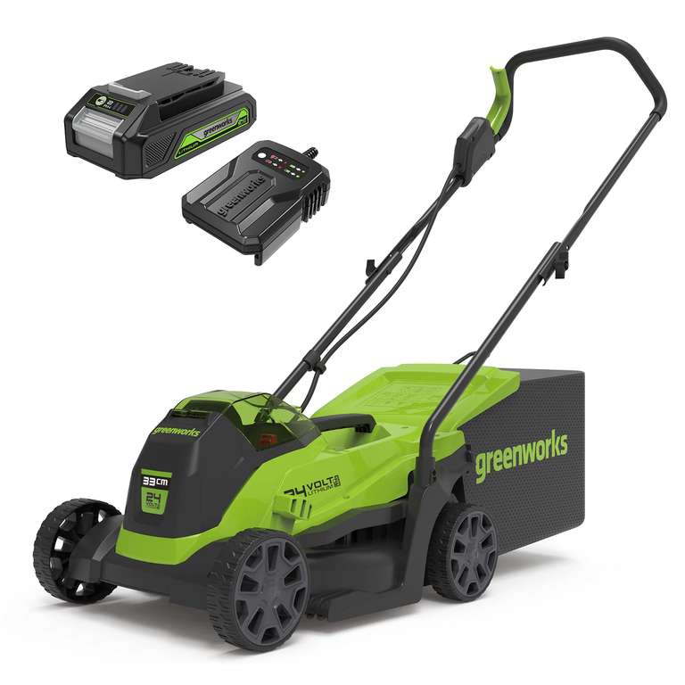 Greenworks 24V Cordless Lawnmower with Brushless Motor, 33cm Cutting Width, 30L Bag Plus 24V 2Ah Battery