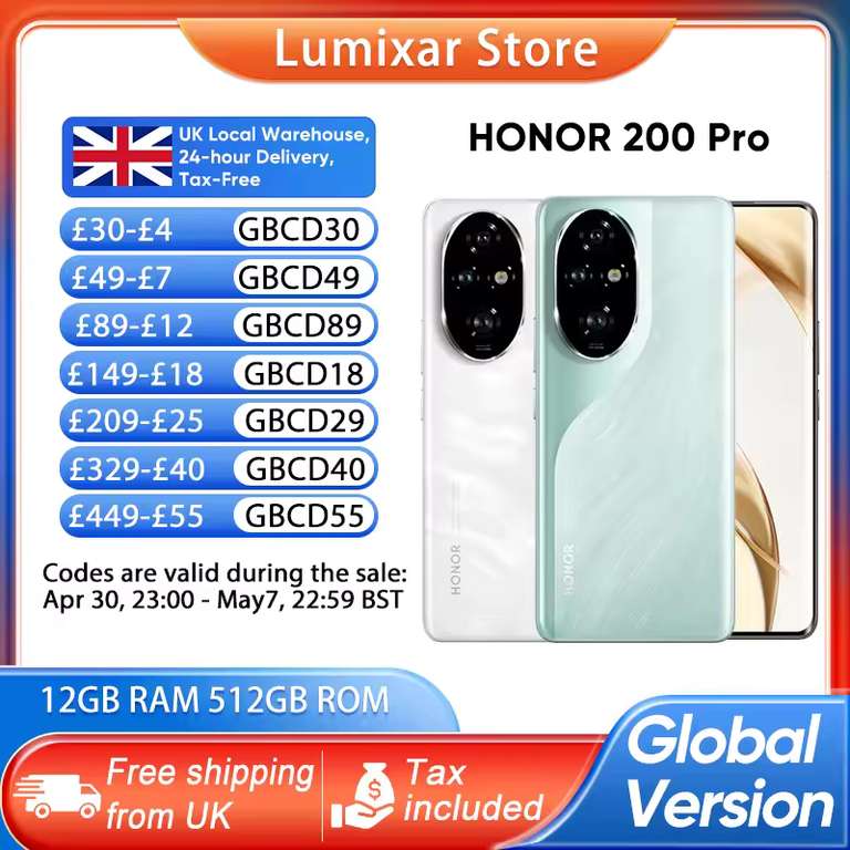 Honor 200 Pro 6.78" Smartphone ( Global / 12GB+512GB / Snapdragon 8s / 200MP / Telephoto 2.5X ) w/code@Lumixar Store(UK Despatch)