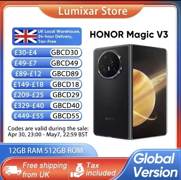 HONOR Magic V3 5G Global Version 7.92" OLED Display Snapdragon 8 Gen 3 50MP Triple Camera 66W SuperCharge with code - Sold by Lumixar Store