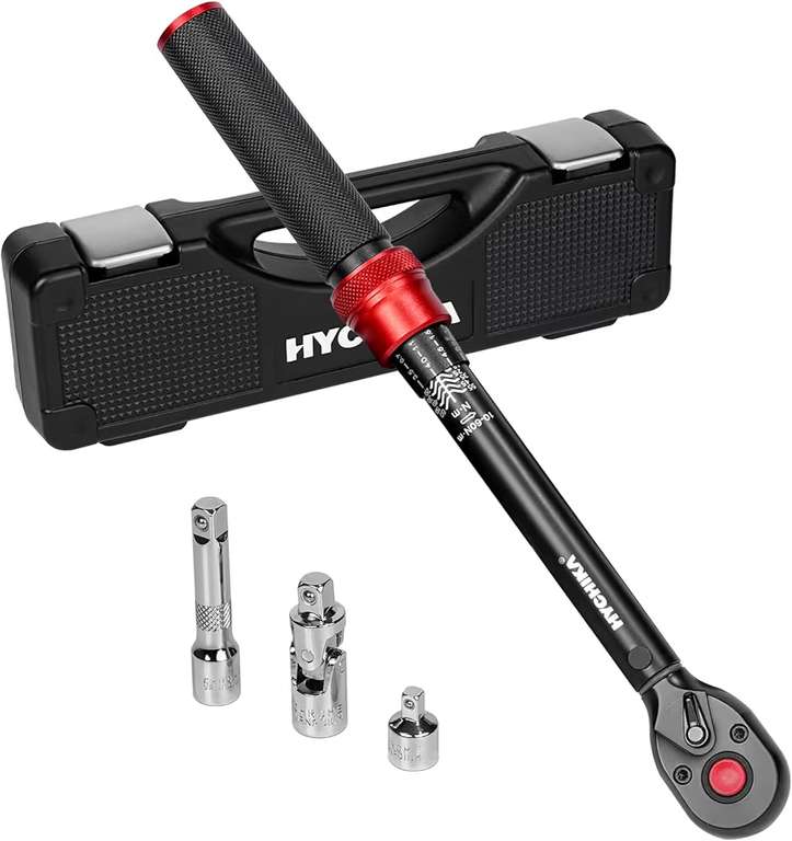 HYCHIKA Torque Wrench 3/8 Inch, 10-60Nm, ±2% Accuracy, 72-Tooth, with 3/8 to 1/4 Adapter, 75mm Ext Bar (W/Voucher)