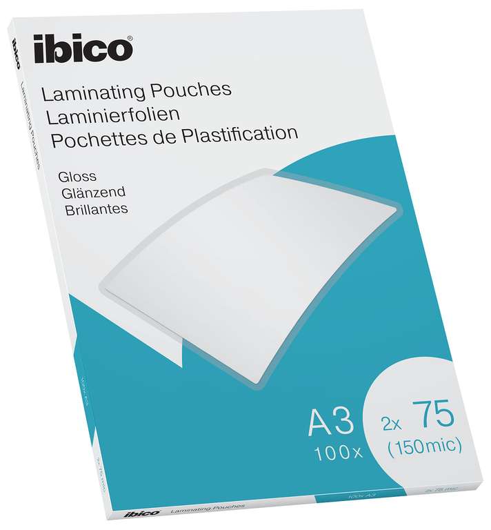Ibico A3 Laminating Pouches, 150 Micron (2x75), Pack of 100, Gloss Finish, Crystal Clear, 627319