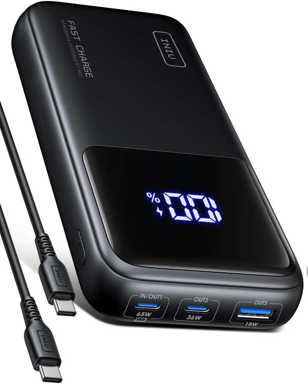 INIU 20000mAh 65W Fast Charging Power Bank + USB C Cable - Discount at Checkout - Sold by SimpleLife LLC / FBA