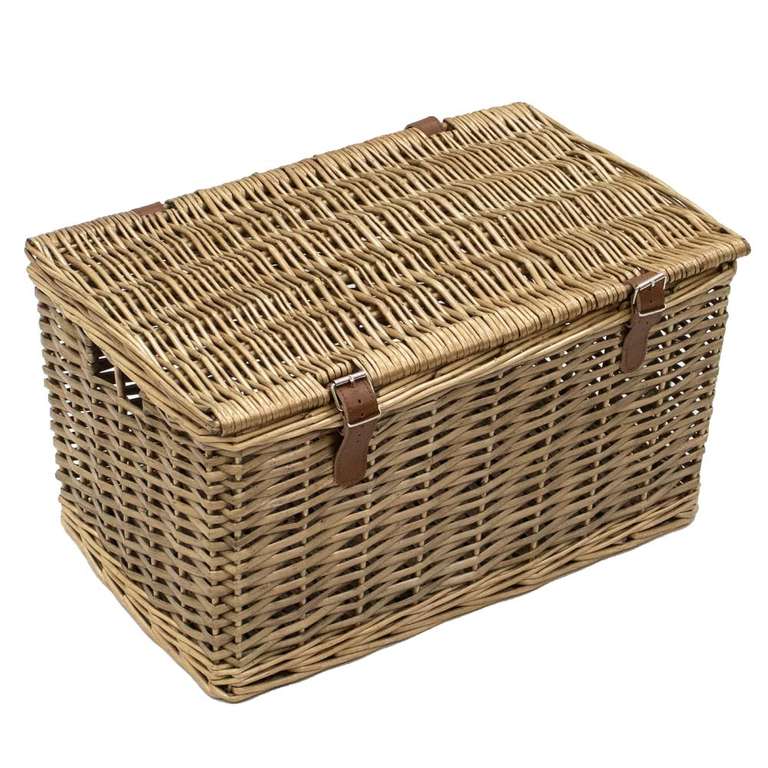 JVL Handmade Buff Wicker Hamper / Picnic Basket with Faux Leather Straps, Medium