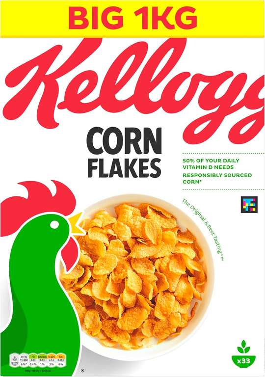Kellogg's Corn Flakes Breakfast Cereal, 1kg - £3.23 / £2.89 S&S
