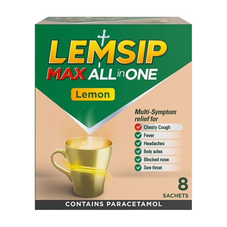 Lemsip Cold and Flu Sachets, Lemon, 8 Sachets, Headache Relief, Nasal, Chesty Cough