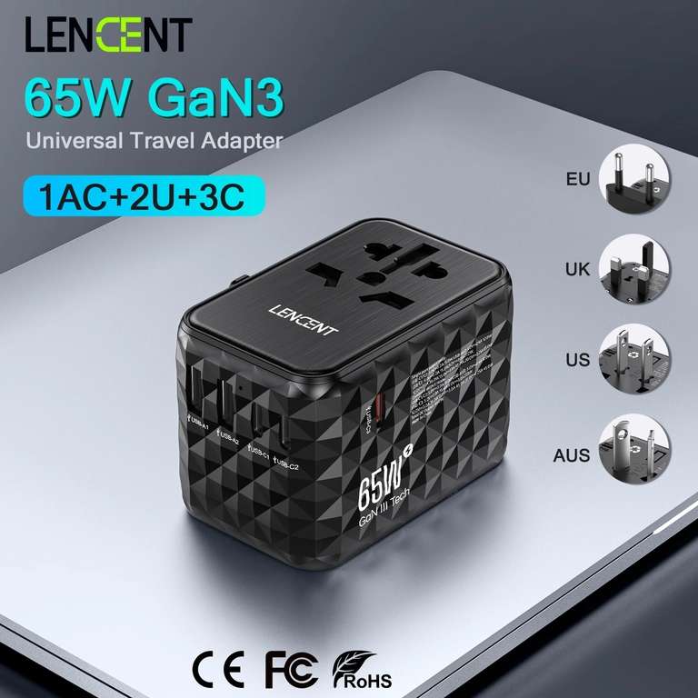 LENCENT 2U3C 65W Universal GaN USB-C Travel Phone Charger ( US / UK / EU / Aus ) @ LENCENT Official Store