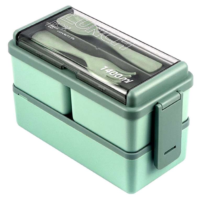 Lychico Lunch Box, 1400ml Bento Box with Spoon Fork, Stackable 2 Layer 3 Compartments Leak Proof Japanese Lunch Box