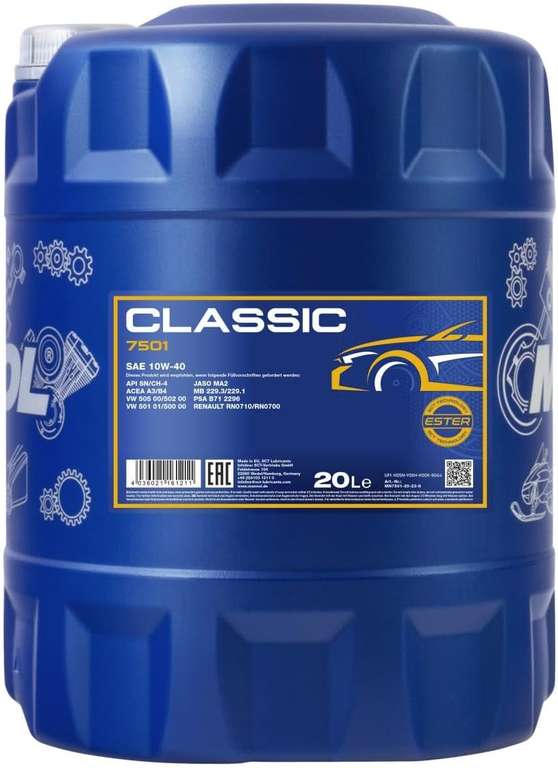 Mannol Classic 10W-40 Engine Oil 7501 API SN/CH-4 ACEA A3/B4 Universal HC-Synthese Ester Technology - 20L - Northern Ireland Postcodes