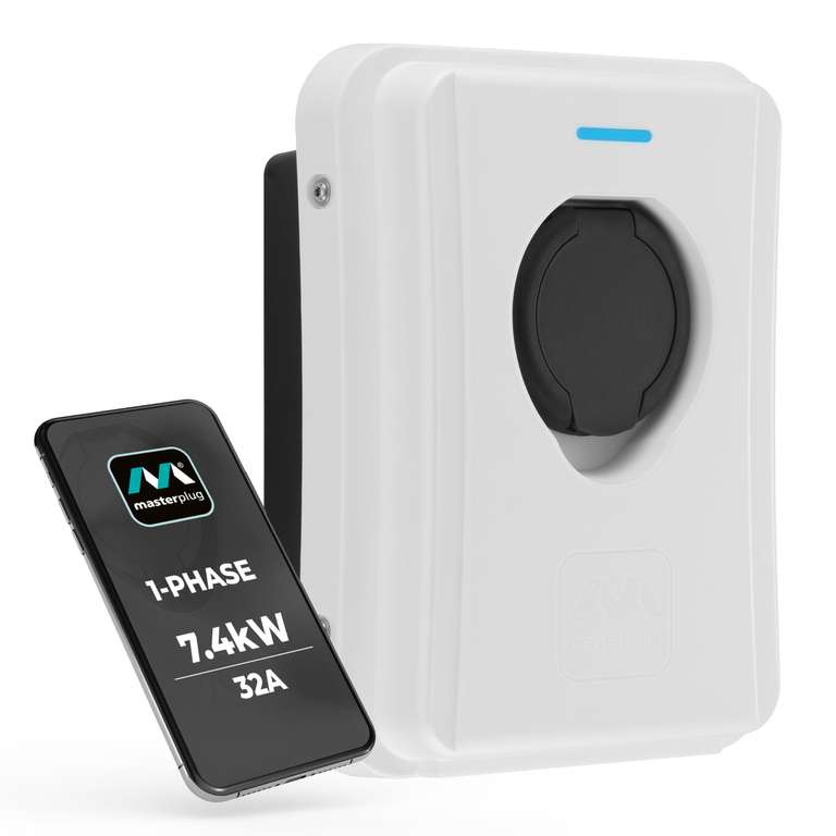 Masterplug Smart EV Home Wall Charger for Type 2 Electric and Plug-In Hybrid Vehicles with 5m Cable, White