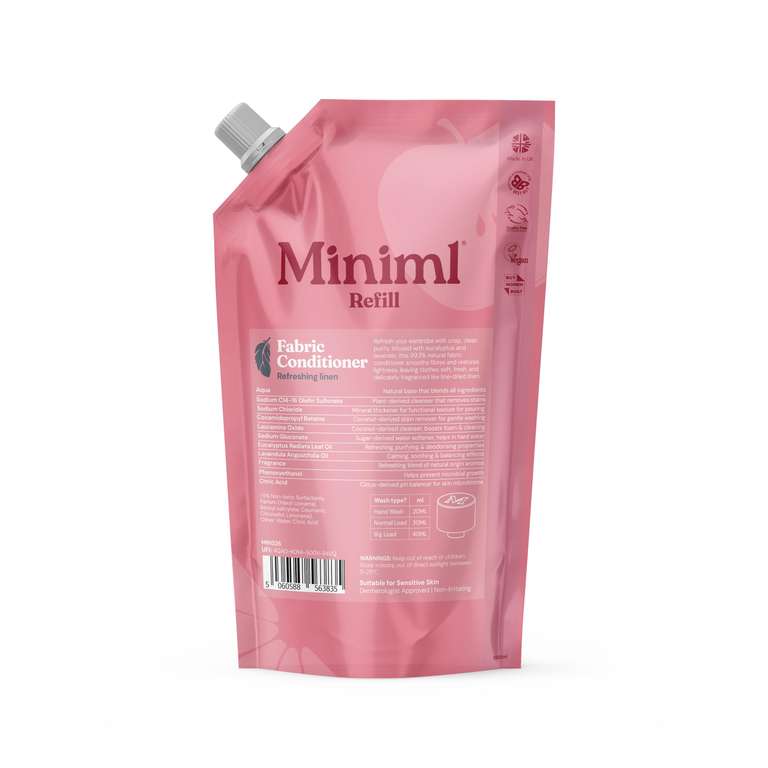 Miniml Eco Fabric Softener & Conditioner 1L Refill - Fresh Linen Scented All Natural Fabric Softener 50 washes