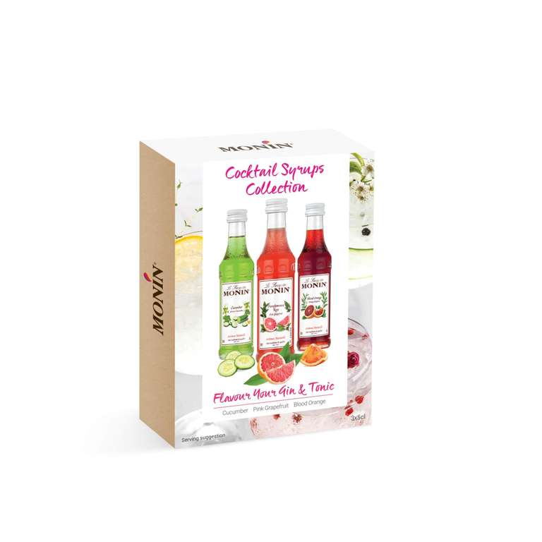 MONIN Premium Cocktail Syrup Gift Set 3x5cl. 1x Cucumber, 1x Pink Grapefruit, 1x Rose Syrup. Gift