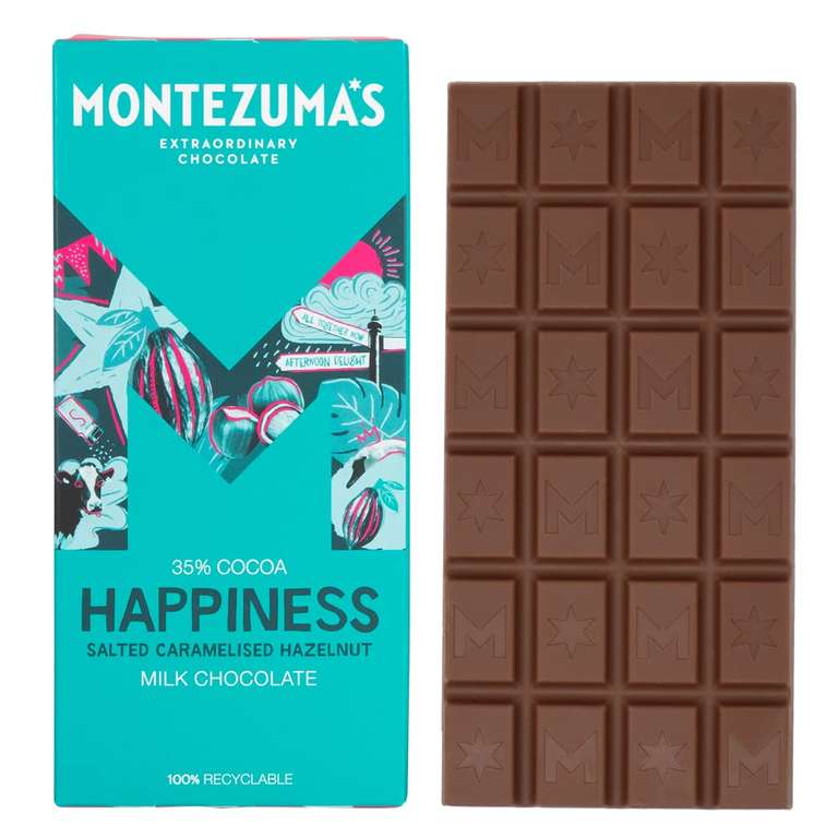Montezuma's Happiness, 35% Cocoa, Milk Chocolate With Salted Caramelised Hazelnuts, Gluten Free, 90g (£2.14 S&S)