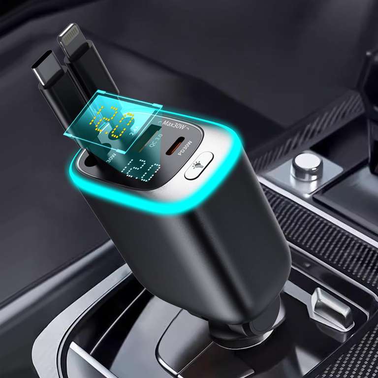 Moxyoy 4-in-1 78W Retractable (Lightning & USB-C Cables) Car Charger Adapter