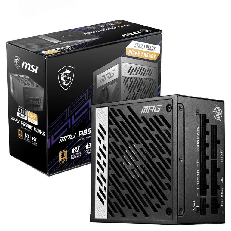 MSI MPG A850G PCIE5 Power Supply Unit, UK Plug - 850W, 80 Plus Gold Certified, Fully Modular ATX 3.0, PCIe 5.0 GPU Support