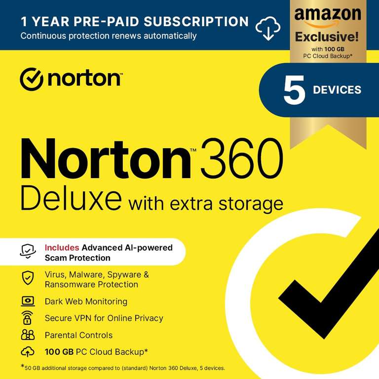 Norton 360 Deluxe with Extra Storage, 50 GB Extra Cloud Backup, Antivirus Software for 5 Devices 1 year Sub - Amazon Media EU S.à r.l.