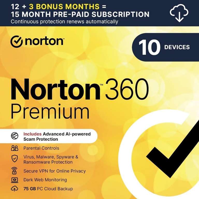 Norton 360 Premium 2025, Antivirus Software for 10 Devices & ‎15 Month Subscription , Includes VPN & Password Manager - Activation via Email