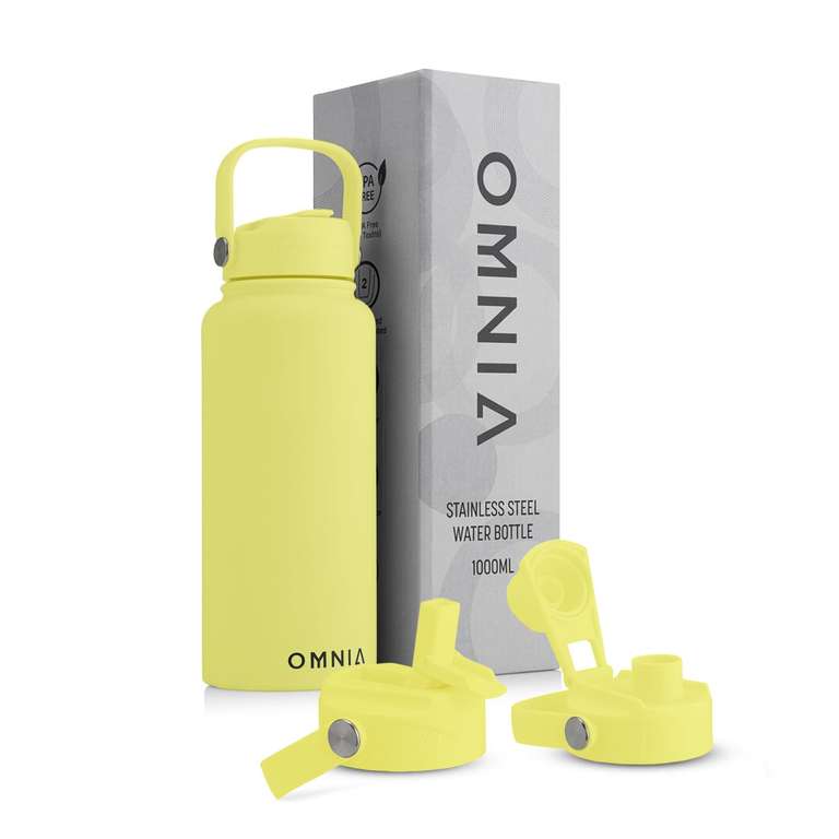 OMNIA Vacuum Insulated Stainless Steel Water Bottle, 2 Lids (Straw & Spout) Leakproof, BPA-Free, Reusable (Mellow Yellow, 1000ML)