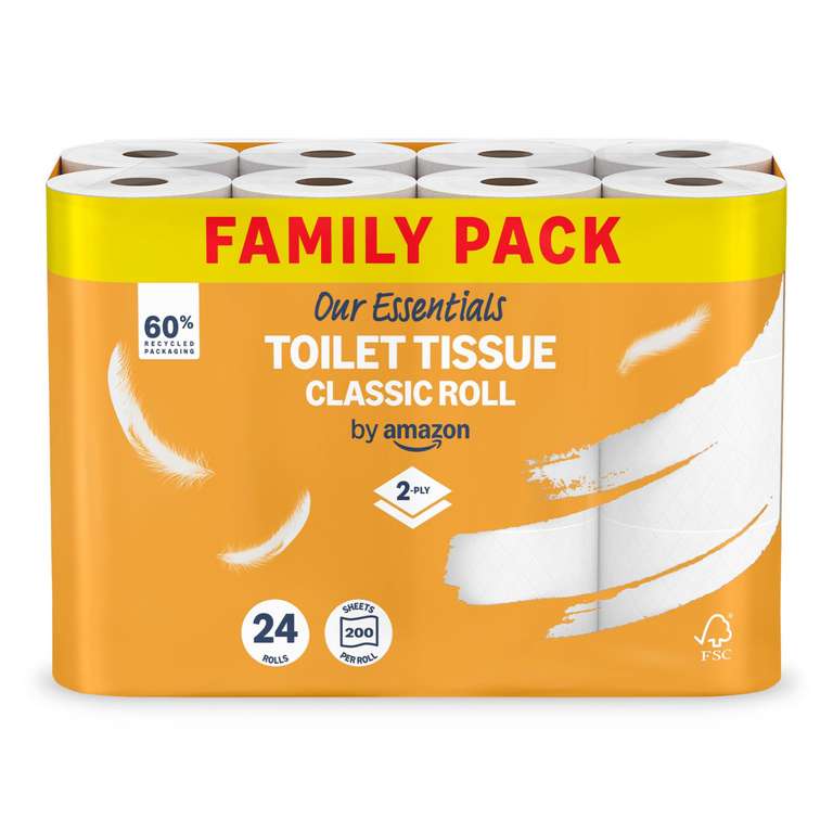 Our Essentials by Amazon Toilet Tissue Classic Roll, 2-ply, 24 Rolls, 200 Sheets per Roll - £5.19 / £4.90 S&S
