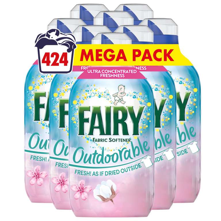 Pack of 8 Fairy Outdoorable Fabric Conditioner, Cherry Blossom and Nordic Cotton, 424 Washes (8x53), Ultra Concentrated Formula (S&S £22.61)