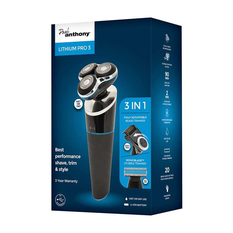 Paul Anthony Lithium Pro 3" USB Wet & Dry Mens Rotary Shaver, Stubble and Beard Trimmer - H5021