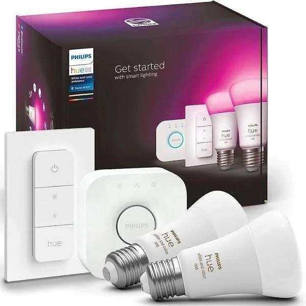 Philips Hue White/Colour Ambiance Wireless Lighting LED Starter Kit E27 Refurb. Includes hub, 2 white/colour bulbs & dimmer W/Code @ ITstor