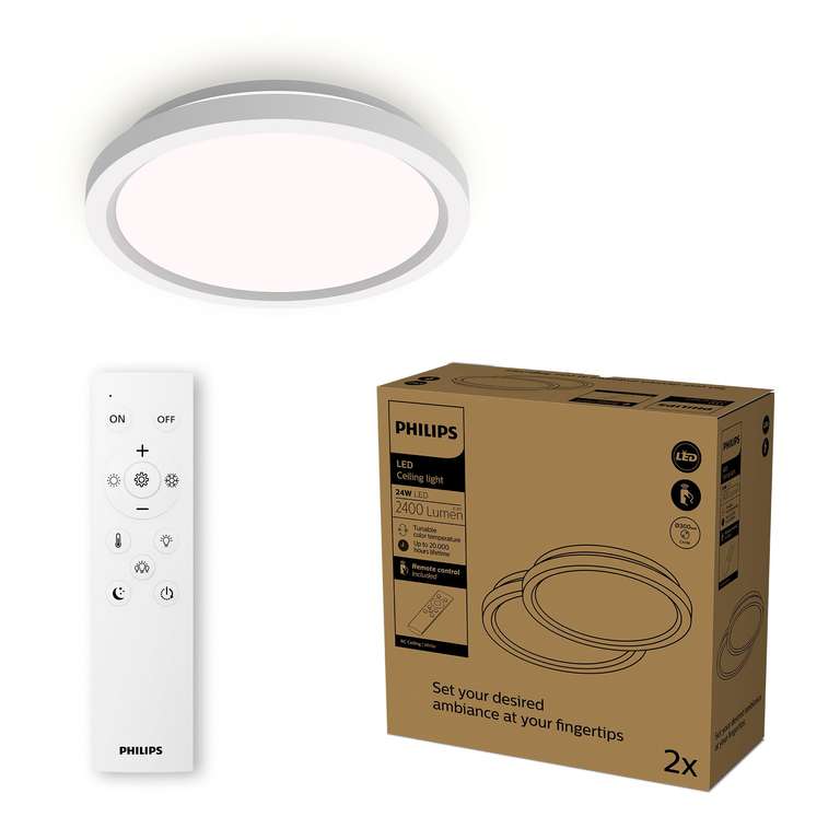 Philips LED Remote Control Ceiling Light, Round, 30 cm, Dimmable, Tunable White Light - 2 Pack