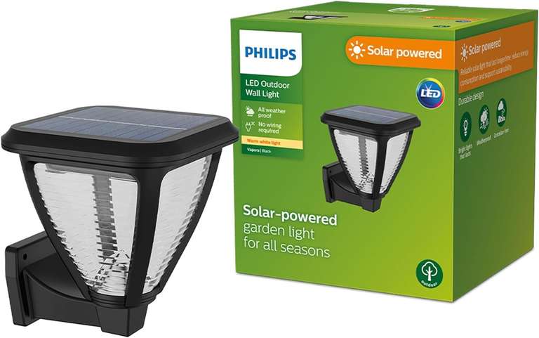 Philips Lighting Vapora Outdoor Solar, Wall Light, 1.5W, 2700K, IP44 Weatherproof | Black