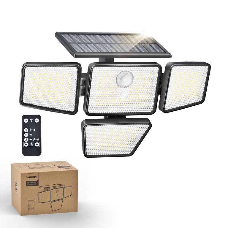 Philips Solar Security Light, 3 Modes, w/PIR Motion Sensor, Floodlights with Remote Control, IP65 Waterproof - Sold By Favourline-UK/FBA