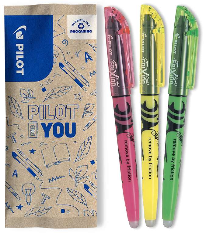 Pilot Frixion Light Erasable Highlighter - Yellow/Pink/Green, Pack of 3